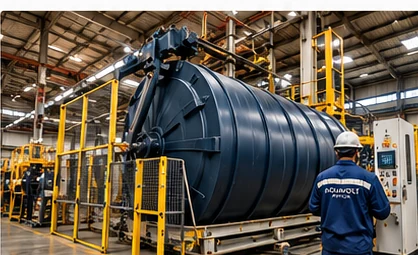 Polyethylene tank being manufactured in a rotational moulding facility